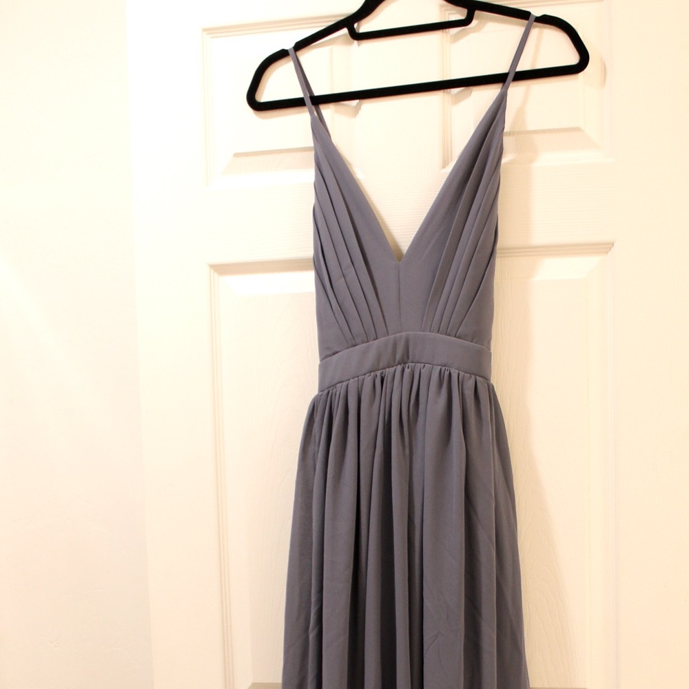Blue extra long pleated backless and deep neck dress size L